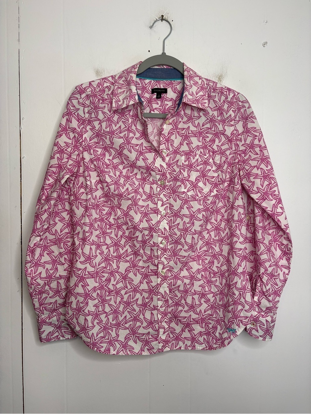 Talbots Shirt Womens Small Button Up Starfish Pink All Over Print Nautical